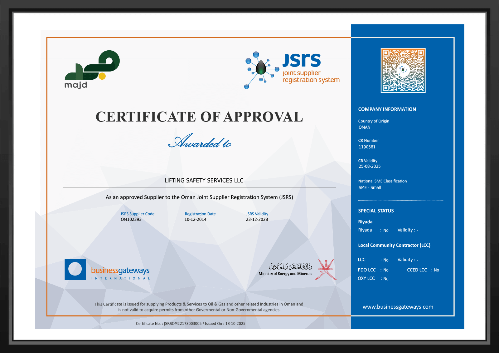 JSRS certificate of approval
